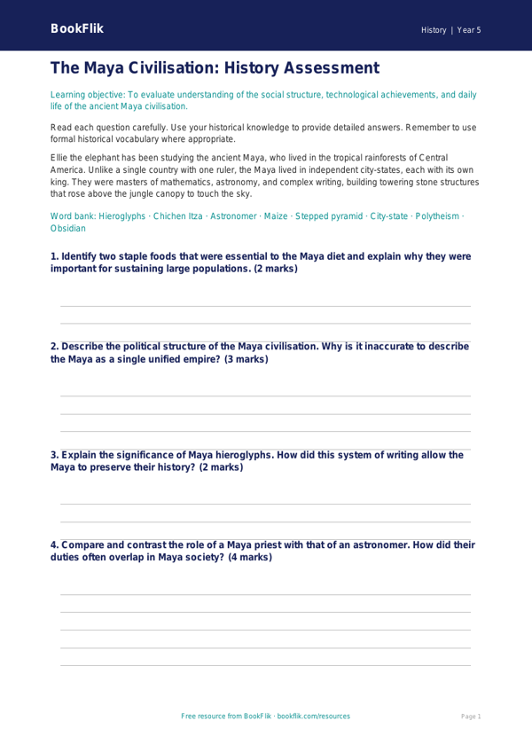 Free Maya Civilisation Assessment | Year 5 Greater Depth | BookFlik worksheet preview — History Maya Civilisation