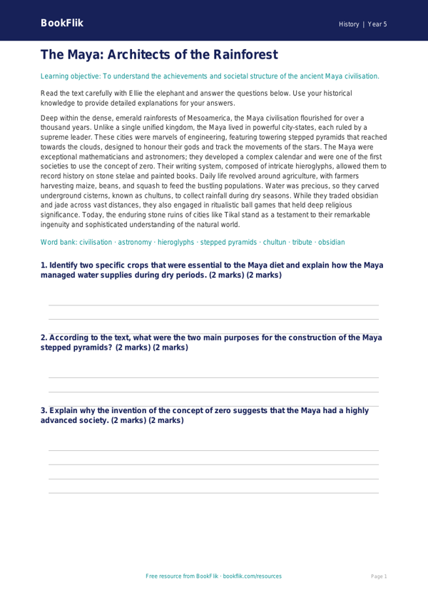 Free Maya Civilisation Comprehension | Year 5 Greater Depth | BookFlik worksheet preview — History Maya Civilisation