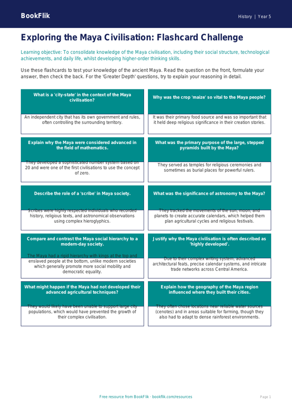 Free Maya Civilisation Flashcards | Year 5 Greater Depth | BookFlik worksheet preview — History Maya Civilisation
