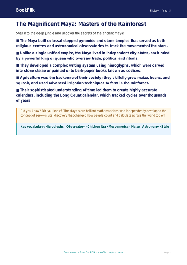 Free Maya Civilisation Poster | Year 5 Greater Depth | BookFlik worksheet preview — History Maya Civilisation