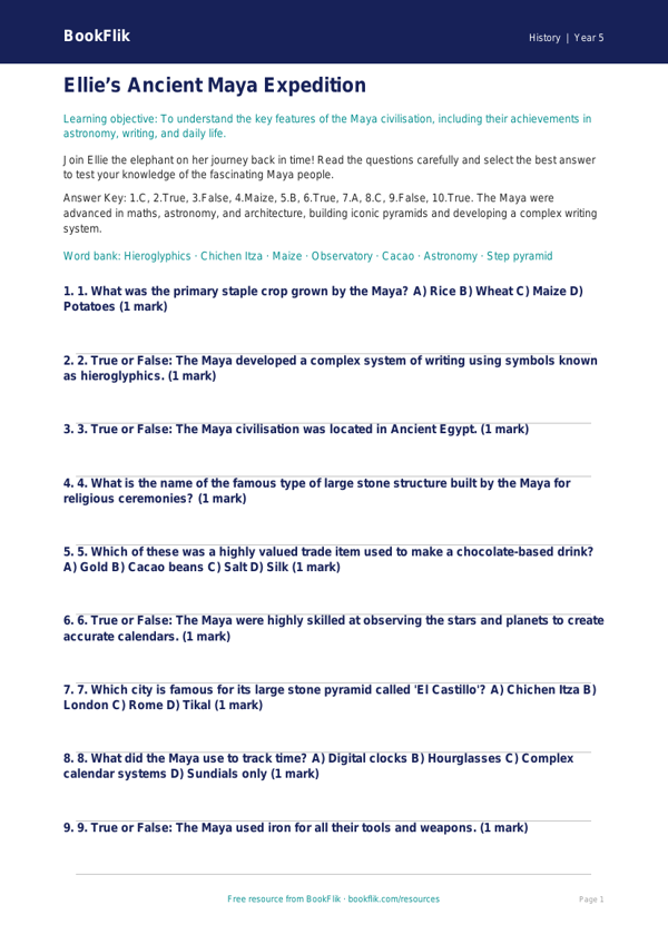Free Maya Civilisation Quiz | Year 5 Greater Depth | BookFlik worksheet preview — History Maya Civilisation