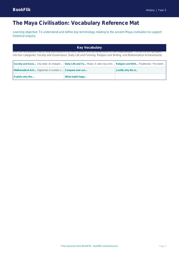 Free Maya Civilisation Word Mat | Year 5 Greater Depth | BookFlik worksheet preview — History Maya Civilisation