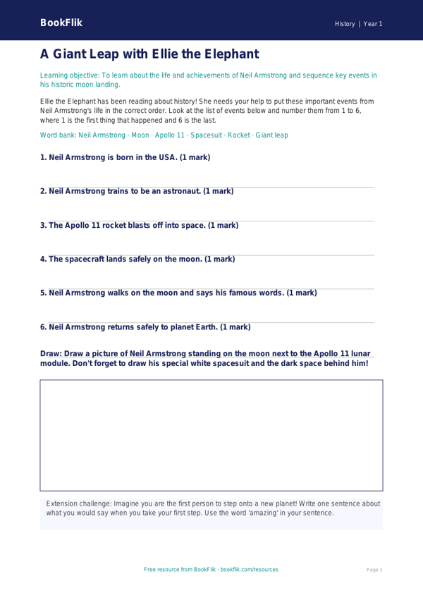 Free Neil Armstrong Activity Sheet | Year 1 Core | BookFlik worksheet preview — History Neil Armstrong