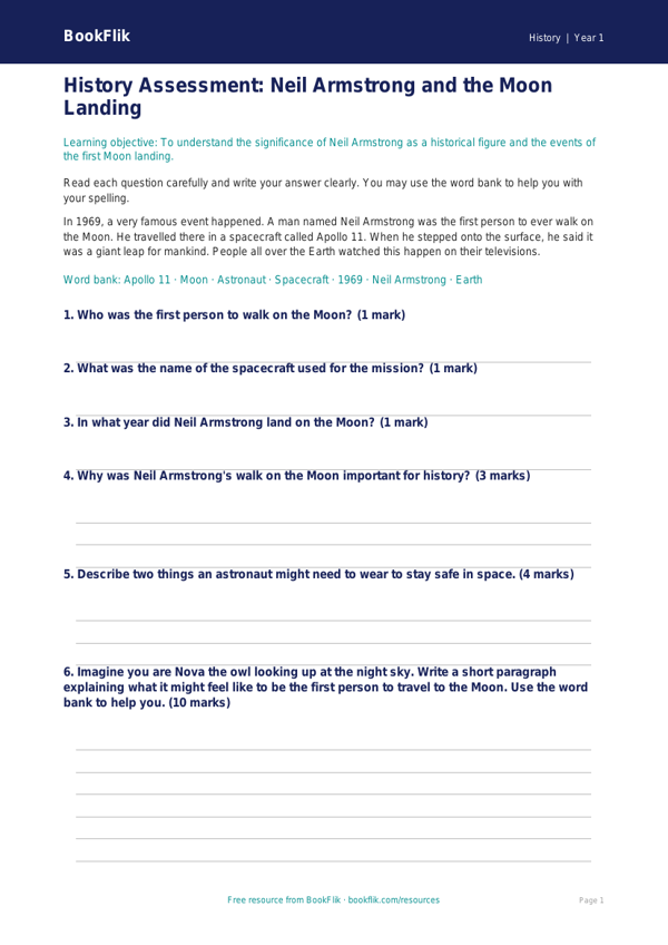 Free Neil Armstrong Assessment | Year 1 Core | BookFlik worksheet preview — History Neil Armstrong