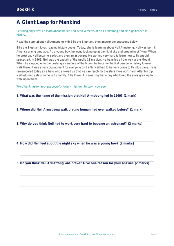 Free Neil Armstrong Comprehension | Year 1 Core | BookFlik worksheet preview — History Neil Armstrong