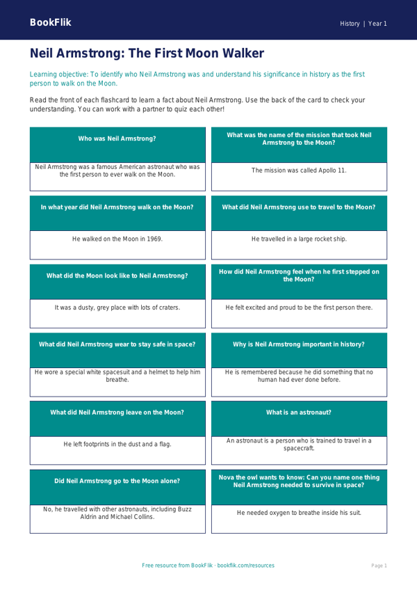 Free Neil Armstrong Flashcards | Year 1 Core | BookFlik worksheet preview — History Neil Armstrong