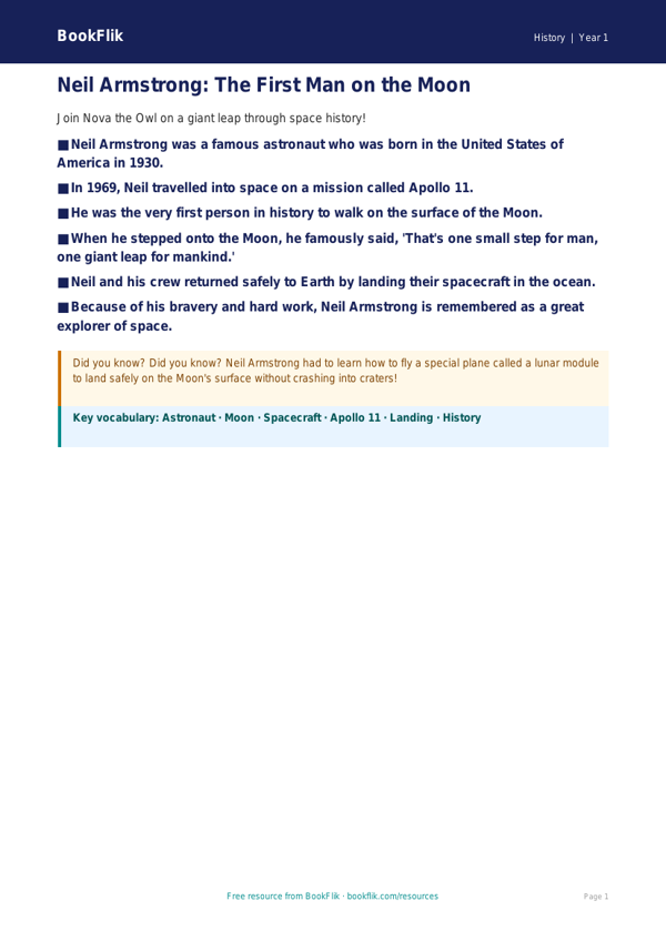 Free Neil Armstrong Poster | Year 1 Core | BookFlik worksheet preview — History Neil Armstrong