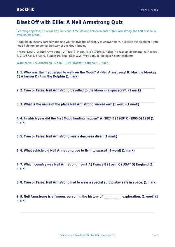 Free Neil Armstrong Quiz | Year 1 Core | BookFlik worksheet preview — History Neil Armstrong