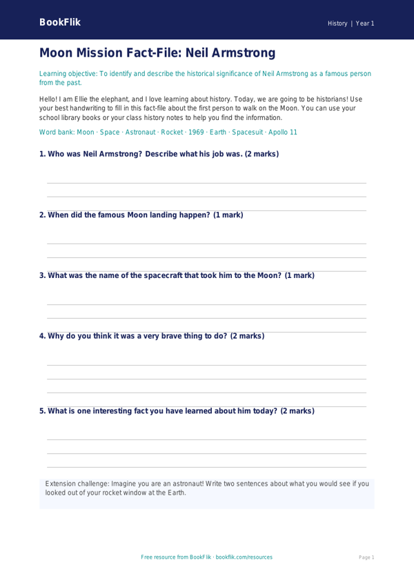 Free Neil Armstrong Template | Year 1 Core | BookFlik worksheet preview — History Neil Armstrong