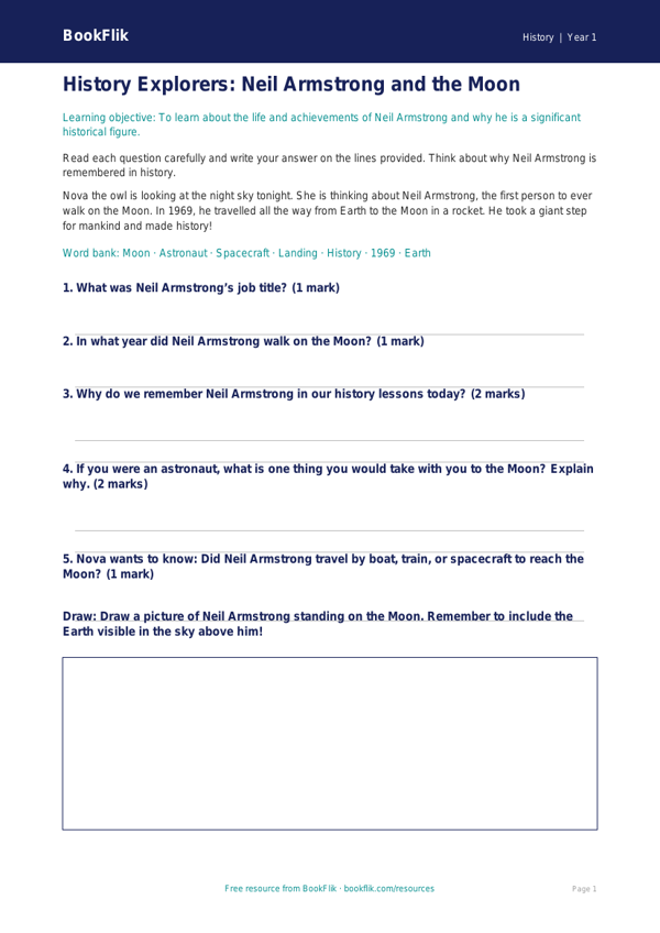 Free Neil Armstrong Worksheet | Year 1 Core | BookFlik worksheet preview — History Neil Armstrong