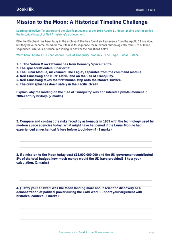 Free Neil Armstrong Activity Sheet | Year 5 Greater Depth | BookFlik worksheet preview — History Neil Armstrong