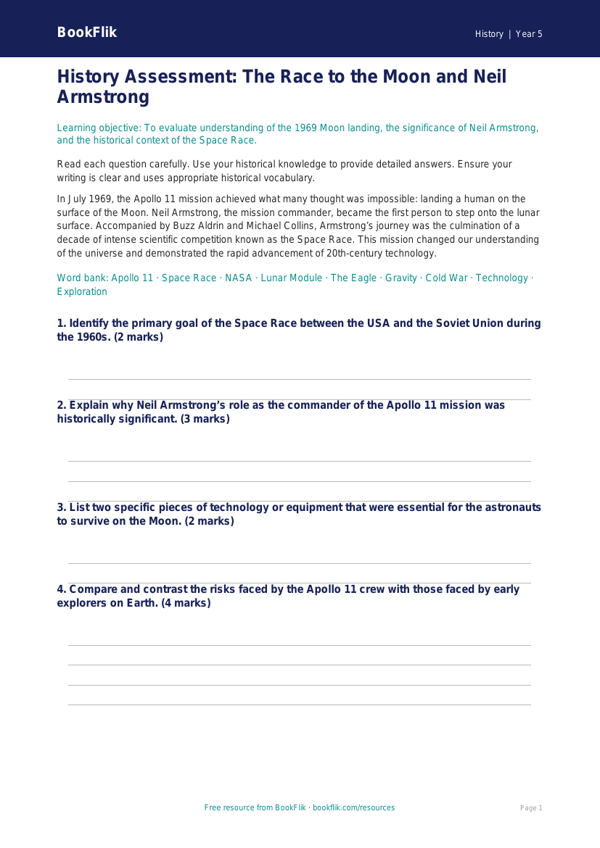 Free Neil Armstrong Assessment | Year 5 Greater Depth | BookFlik worksheet preview — History Neil Armstrong