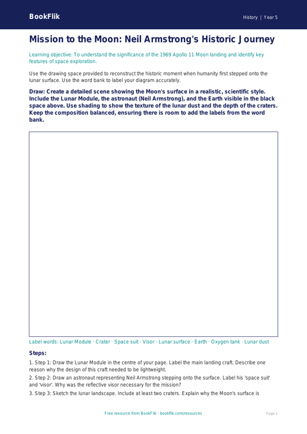 Free Neil Armstrong Drawing Sheet | Year 5 Greater Depth | BookFlik worksheet preview — History Neil Armstrong