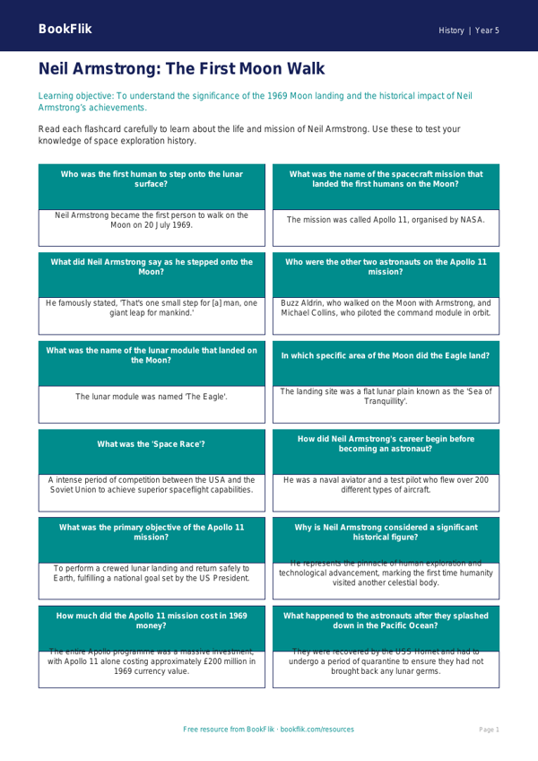 Free Neil Armstrong Flashcards | Year 5 Greater Depth | BookFlik worksheet preview — History Neil Armstrong