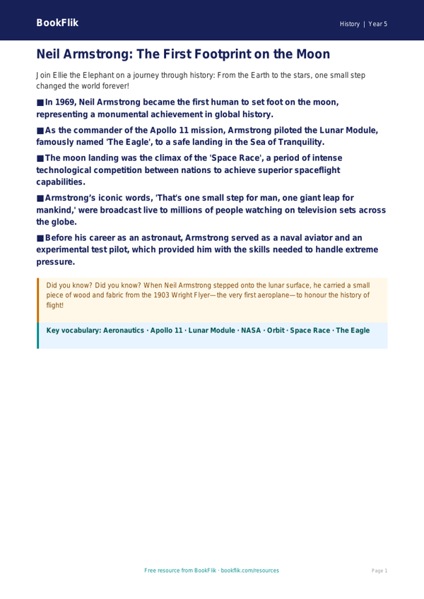 Free Neil Armstrong Poster | Year 5 Greater Depth | BookFlik worksheet preview — History Neil Armstrong