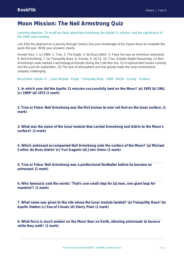 Free Neil Armstrong Quiz | Year 5 Greater Depth | BookFlik worksheet preview — History Neil Armstrong