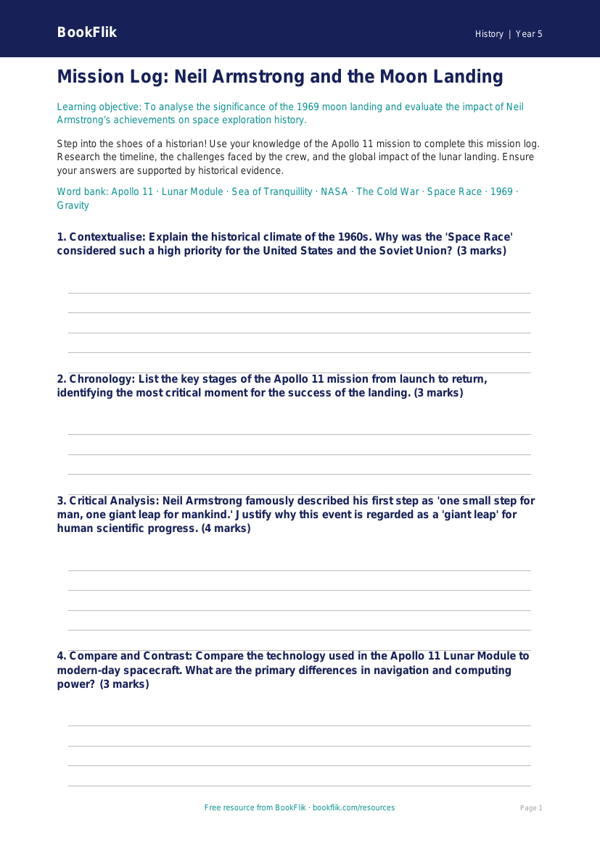 Free Neil Armstrong Template | Year 5 Greater Depth | BookFlik worksheet preview — History Neil Armstrong