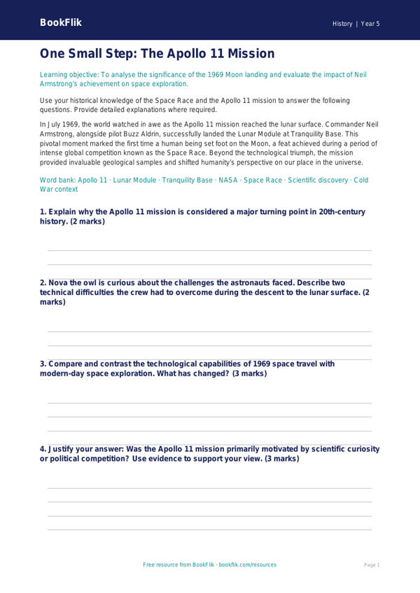 Free Neil Armstrong Worksheet | Year 5 Greater Depth | BookFlik worksheet preview — History Neil Armstrong