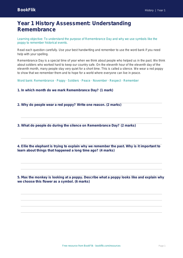 Free Remembrance Day Assessment | Year 1 Core | BookFlik worksheet preview — History Remembrance Day