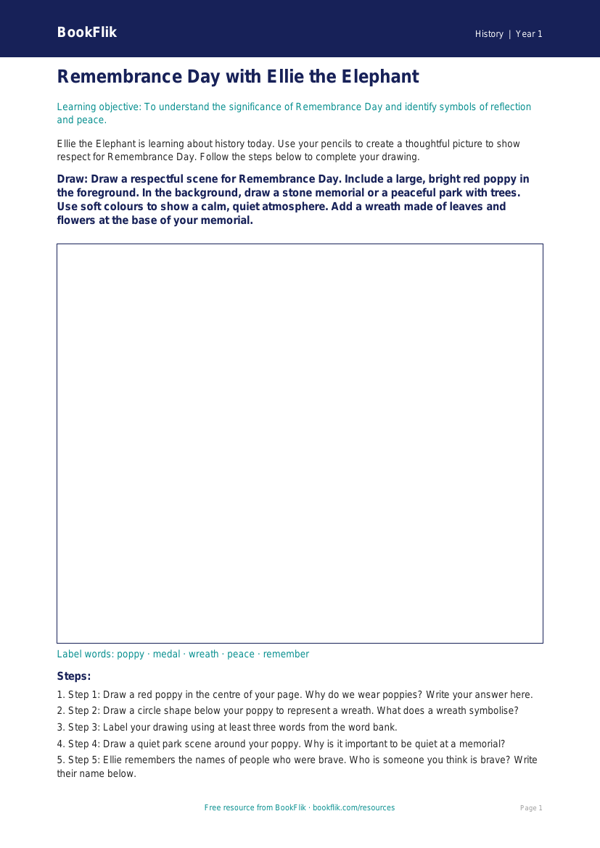 Free Remembrance Day Drawing Sheet | Year 1 Core | BookFlik worksheet preview — History Remembrance Day