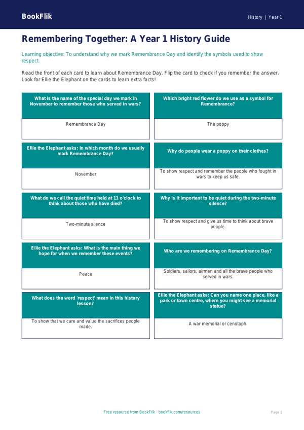 Free Remembrance Day Flashcards | Year 1 Core | BookFlik worksheet preview — History Remembrance Day