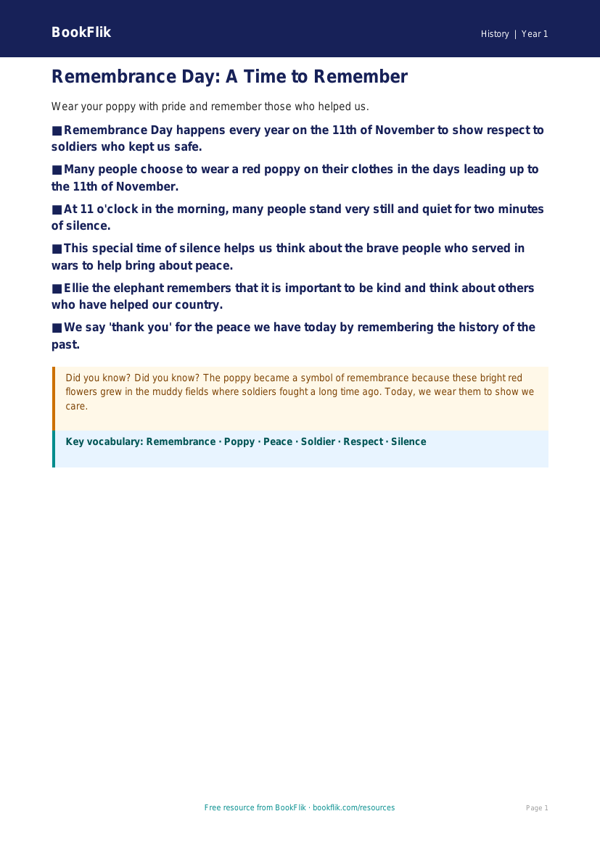 Free Remembrance Day Poster | Year 1 Core | BookFlik worksheet preview — History Remembrance Day
