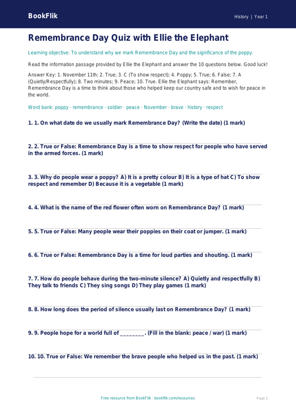 Free Remembrance Day Quiz | Year 1 Core | BookFlik worksheet preview — History Remembrance Day