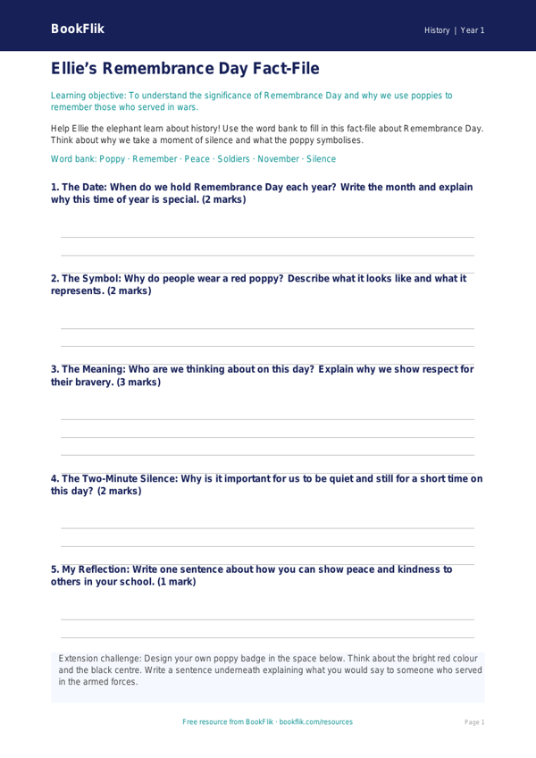 Free Remembrance Day Template | Year 1 Core | BookFlik worksheet preview — History Remembrance Day