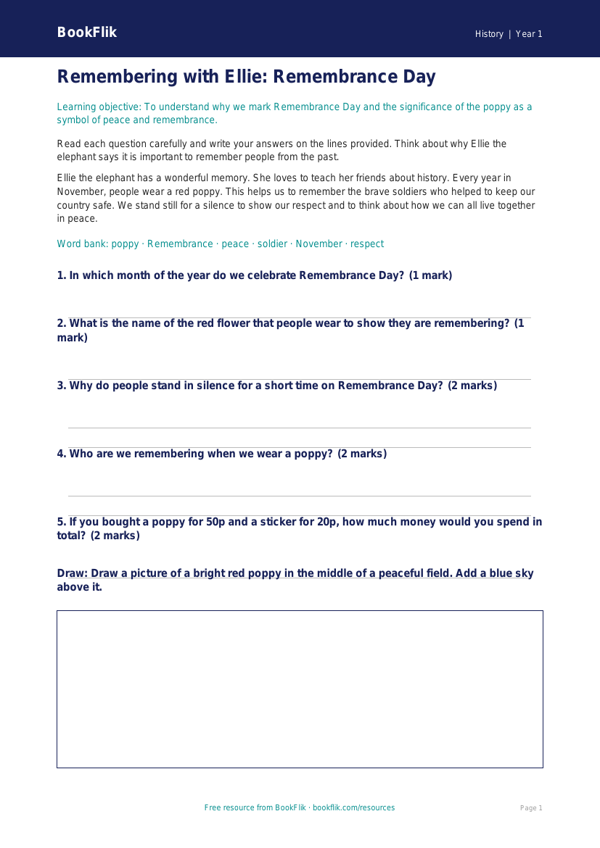 Free Remembrance Day Worksheet | Year 1 Core | BookFlik worksheet preview — History Remembrance Day