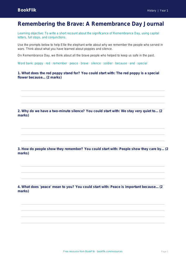 Free Remembrance Day Writing Frame | Year 1 Core | BookFlik worksheet preview — History Remembrance Day