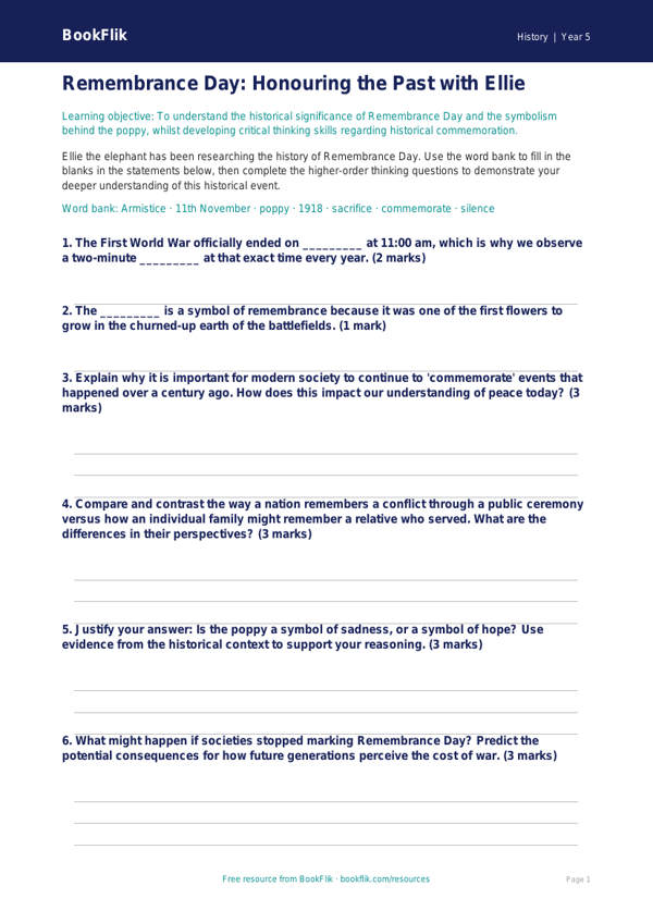 Free Remembrance Day Activity Sheet | Year 5 Greater Depth | BookFlik worksheet preview — History Remembrance Day