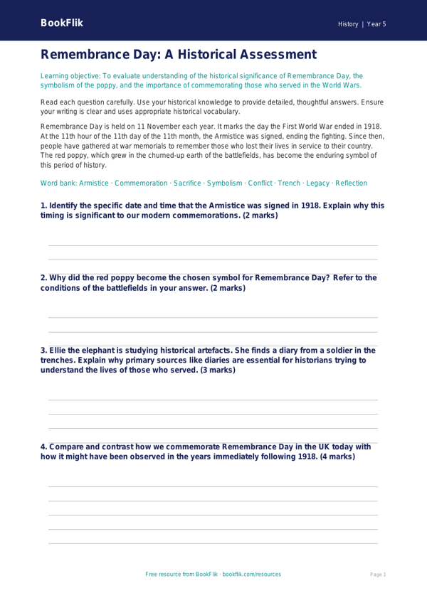 Free Remembrance Day Assessment | Year 5 Greater Depth | BookFlik worksheet preview — History Remembrance Day