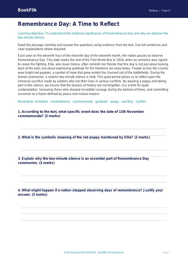 Free Remembrance Day Comprehension | Year 5 Greater Depth | BookFlik worksheet preview — History Remembrance Day