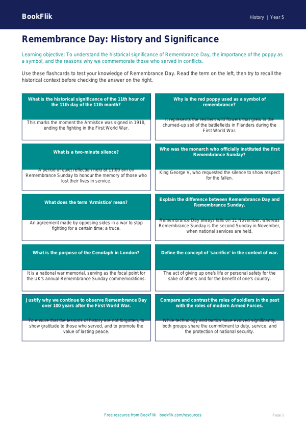 Free Remembrance Day Flashcards | Year 5 Greater Depth | BookFlik worksheet preview — History Remembrance Day
