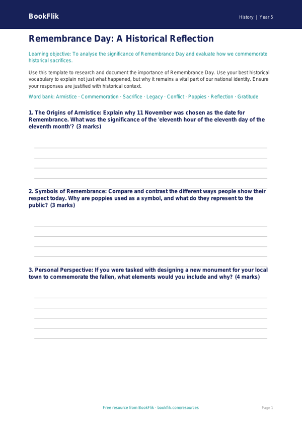 Free Remembrance Day Template | Year 5 Greater Depth | BookFlik worksheet preview — History Remembrance Day