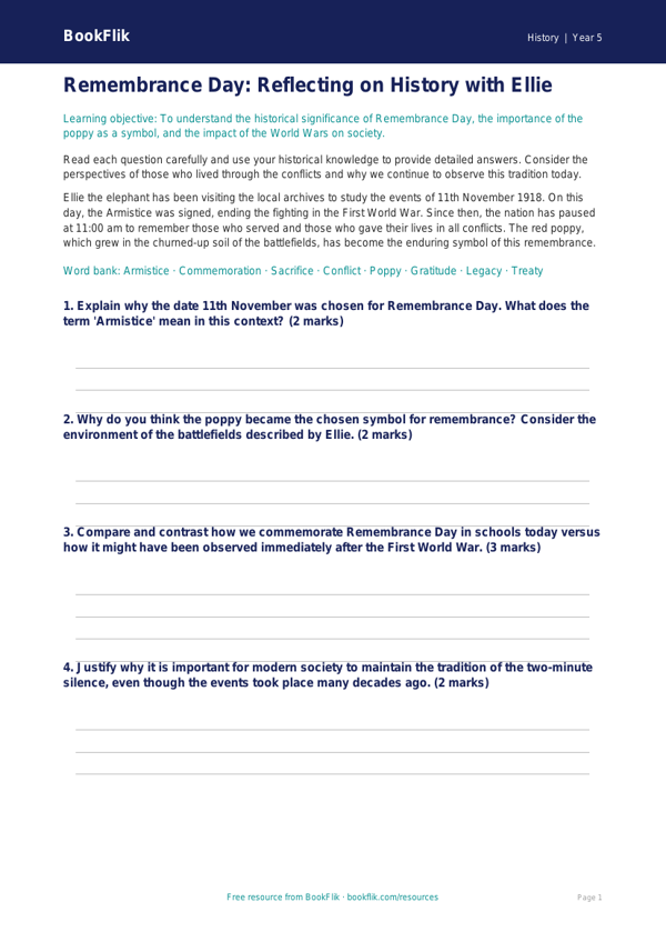 Free Remembrance Day Worksheet | Year 5 Greater Depth | BookFlik worksheet preview — History Remembrance Day