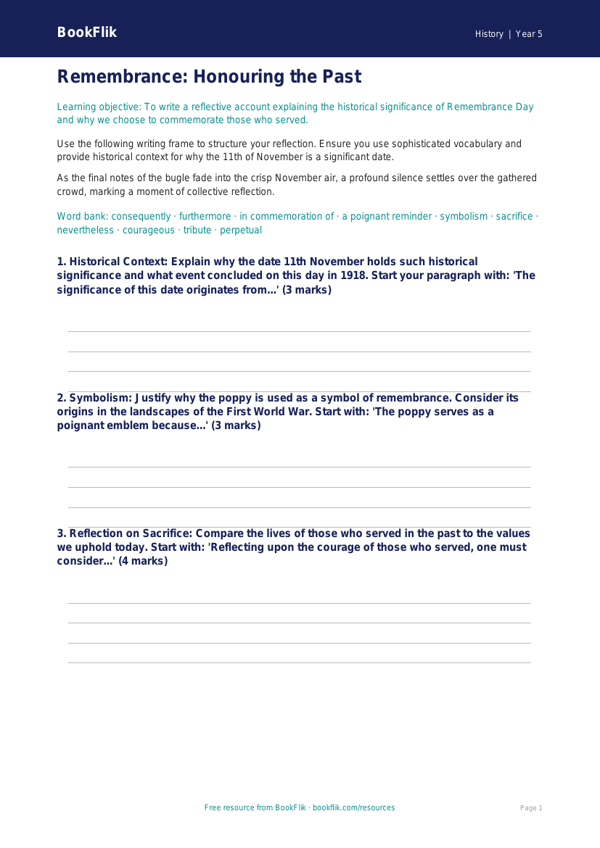 Free Remembrance Day Writing Frame | Year 5 Greater Depth | BookFlik worksheet preview — History Remembrance Day