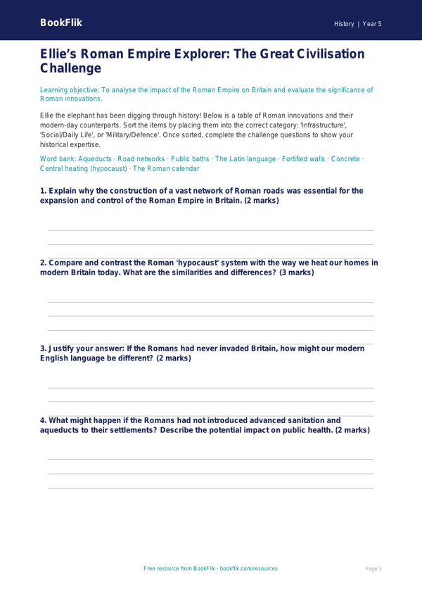 Free Romans Activity Sheet | Year 5 Greater Depth | BookFlik worksheet preview — History Romans