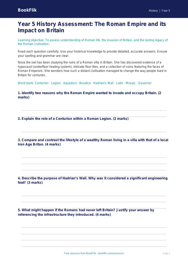 Free Romans Assessment | Year 5 Greater Depth | BookFlik worksheet preview — History Romans