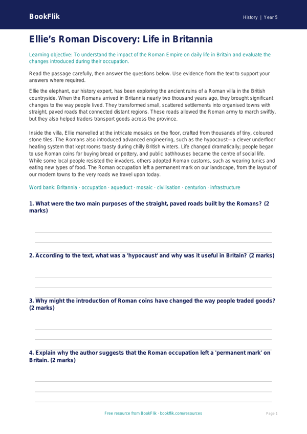 Free Romans Comprehension | Year 5 Greater Depth | BookFlik worksheet preview — History Romans