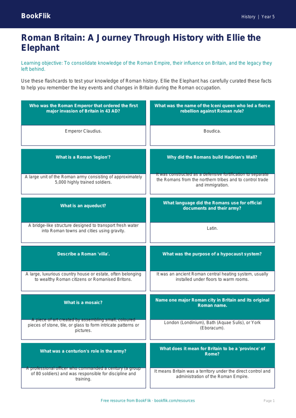 Free Romans Flashcards | Year 5 Greater Depth | BookFlik worksheet preview — History Romans