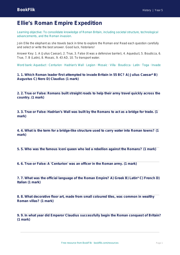 Free Romans Quiz | Year 5 Greater Depth | BookFlik worksheet preview — History Romans