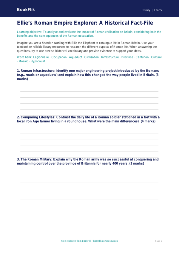 Free Romans Template | Year 5 Greater Depth | BookFlik worksheet preview — History Romans