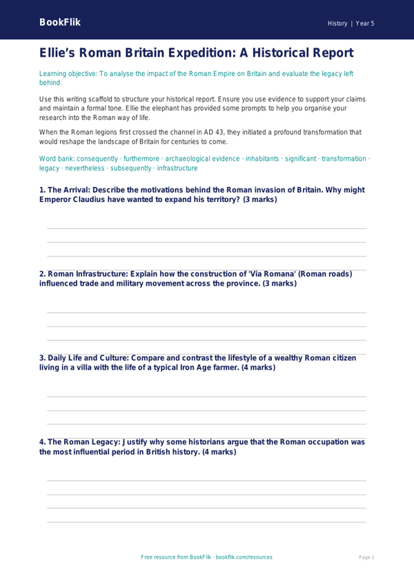 Free Romans Writing Frame | Year 5 Greater Depth | BookFlik worksheet preview — History Romans