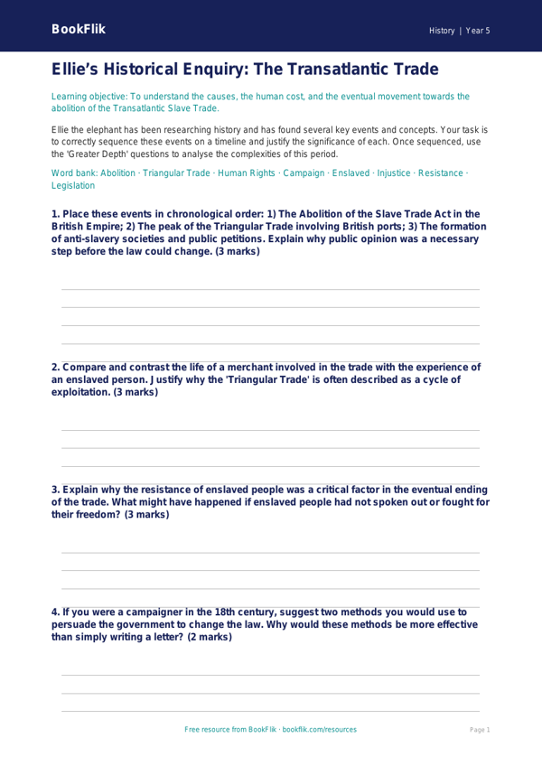 Free Slavery Activity Sheet | Year 5 Greater Depth | BookFlik worksheet preview — History Slavery