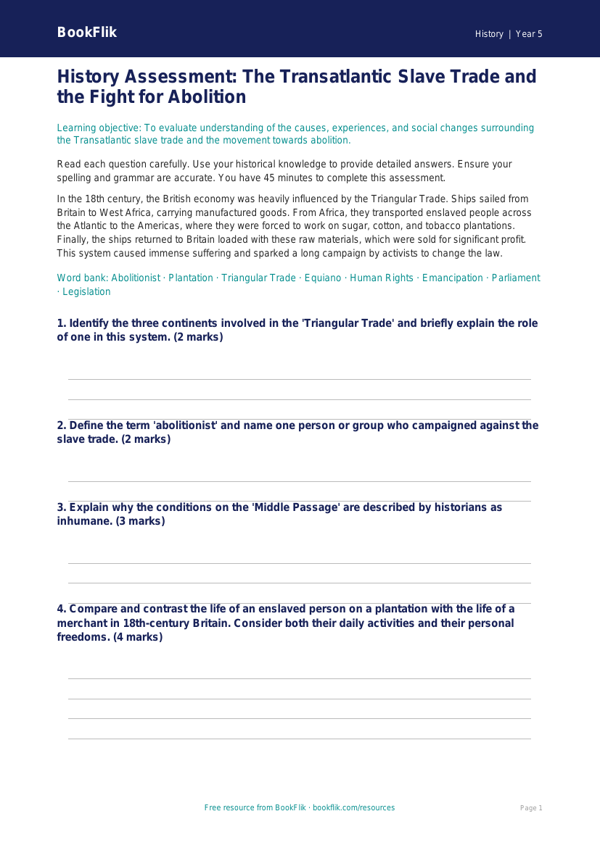 Free Slavery Assessment | Year 5 Greater Depth | BookFlik worksheet preview — History Slavery