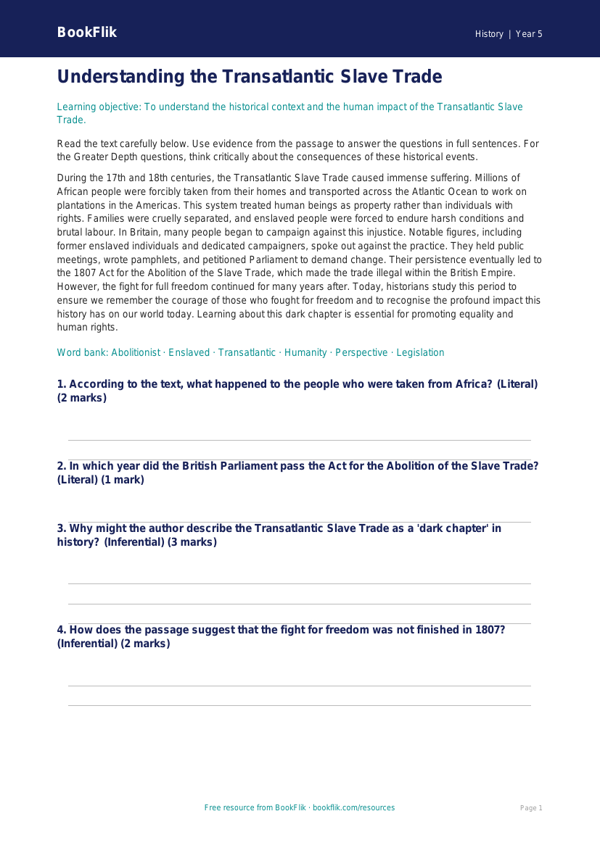 Free Slavery Comprehension | Year 5 Greater Depth | BookFlik worksheet preview — History Slavery
