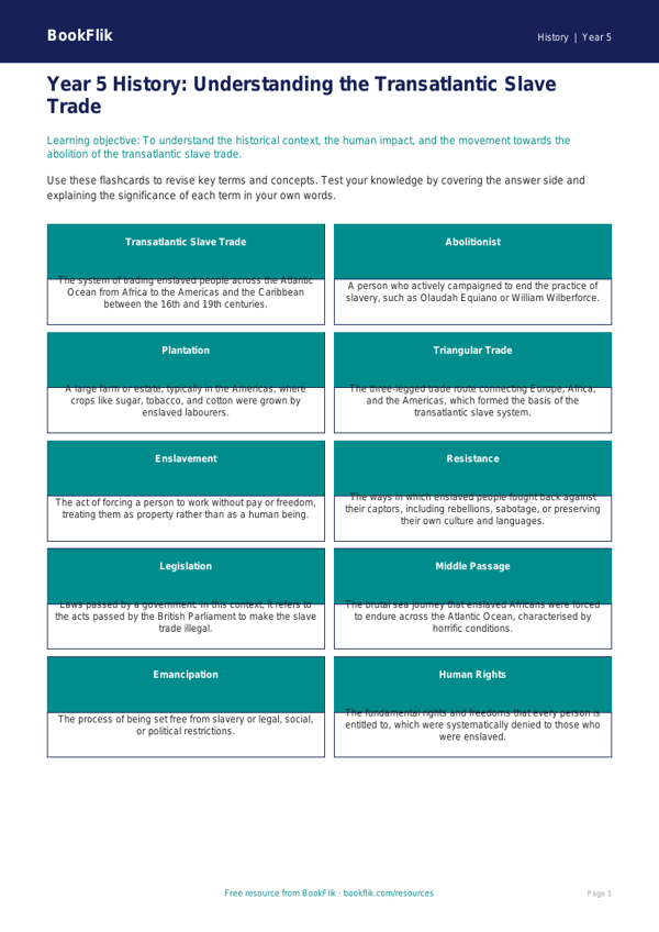 Free Slavery Flashcards | Year 5 Greater Depth | BookFlik worksheet preview — History Slavery