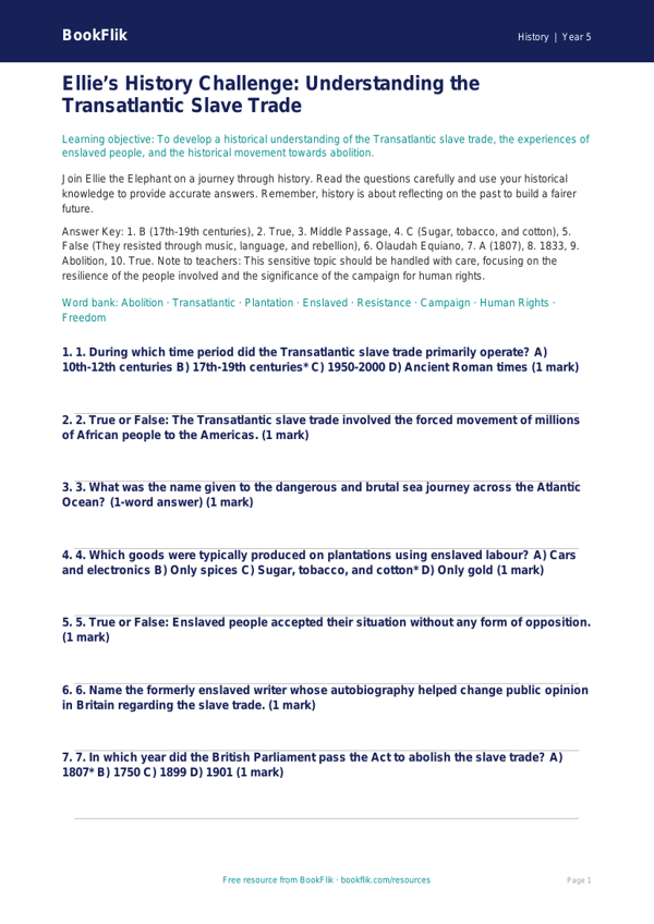 Free Slavery Quiz | Year 5 Greater Depth | BookFlik worksheet preview — History Slavery