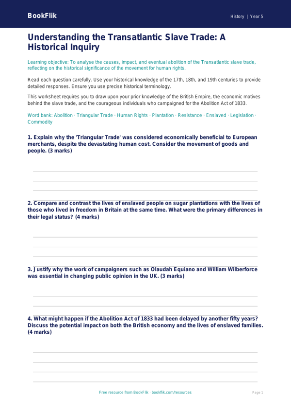 Free Slavery Worksheet | Year 5 Greater Depth | BookFlik worksheet preview — History Slavery